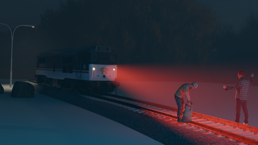 Illustration du système Velha développé par Imasolia Protect : détection optique autonome et alerte de sécurité ferroviaire pour protéger les opérateurs sur le terrain.