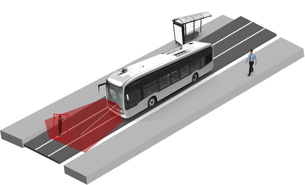 Illustration du système Velha développé par Imasolia Protect : détection optique autonome et alerte de sécurité bus et car pour protéger les opérateurs sur le terrain.