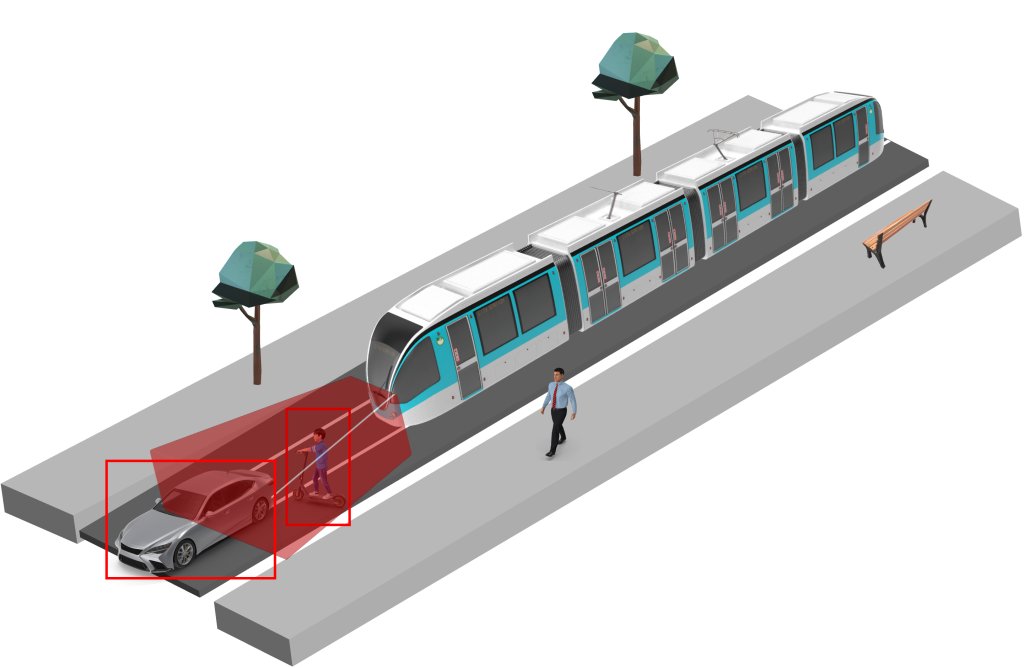 Illustration du système Velha développé par Imasolia Protect : détection optique autonome et alerte de sécurité tramway pour protéger les opérateurs sur le terrain.
