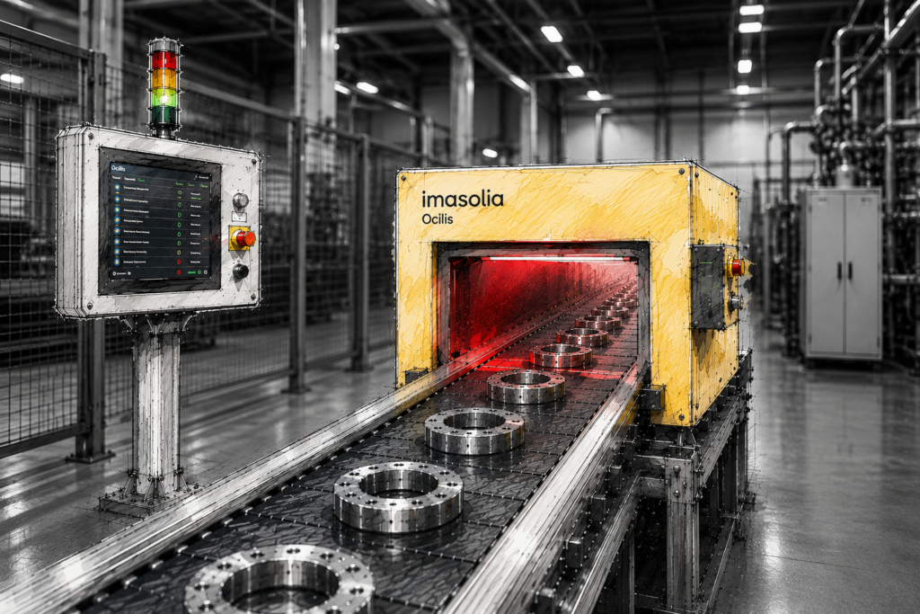 Système de contrôle optique industriel Imasolia Ocilis installé sur une ligne automatisée, utilisant la photonique et le traitement d’image pour l’inspection de pièces mécaniques en environnement industriel.